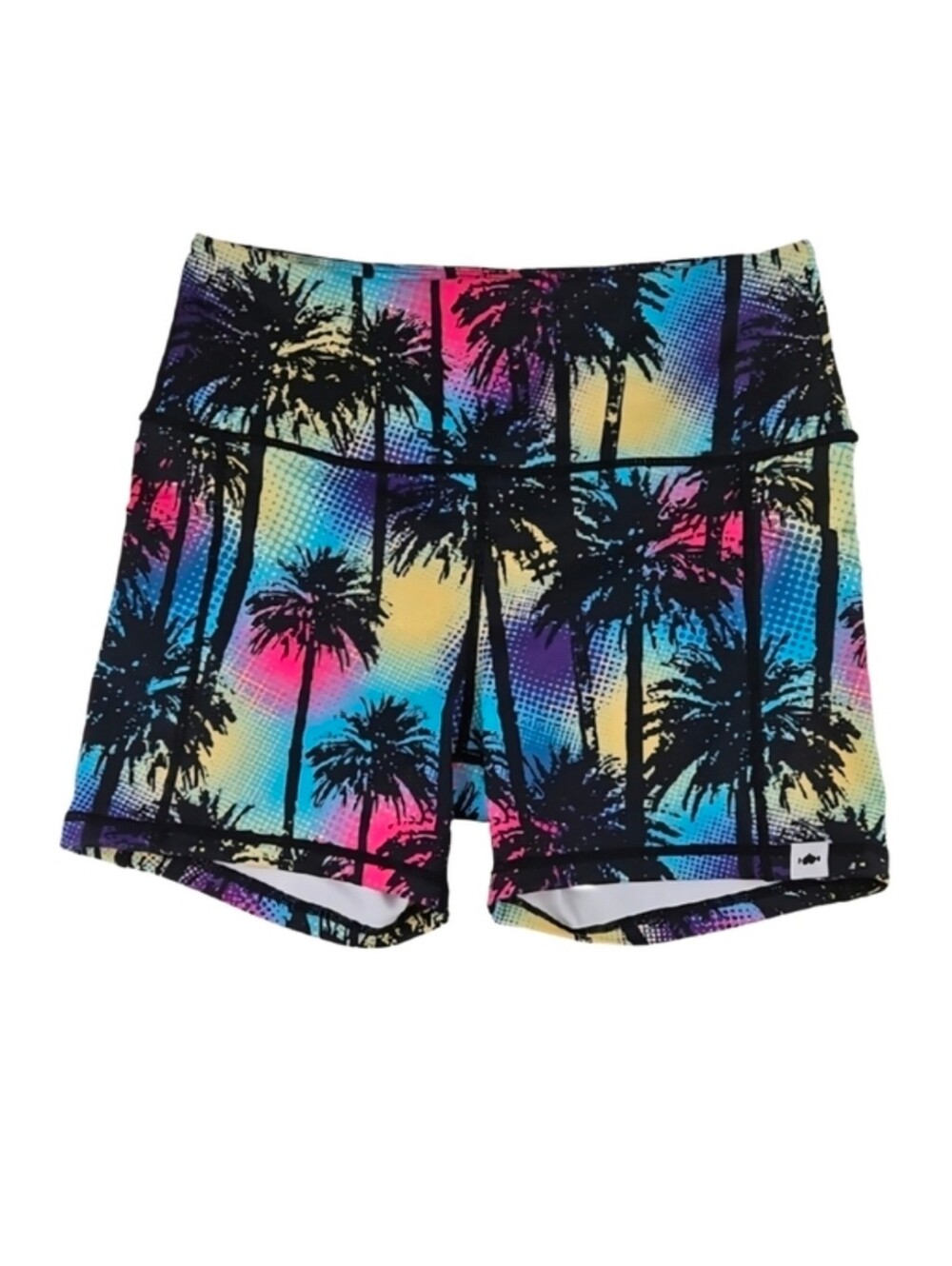 80's Style Biker Yoga Shorts California Palm Print Pink Black Blue Multicolor